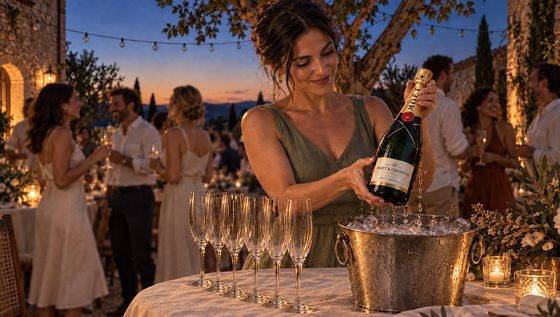 The host lifting the chilled bottle from the ice bucket at dusk