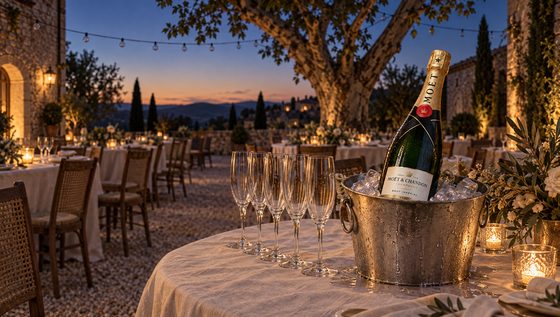 The dusk courtyard, head table and ice bucket before the party begins