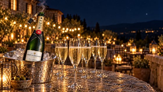 The opened bottle in its bucket on a golden night terrace