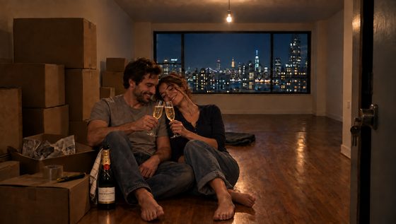 The couple toasting on the floor of the empty apartment