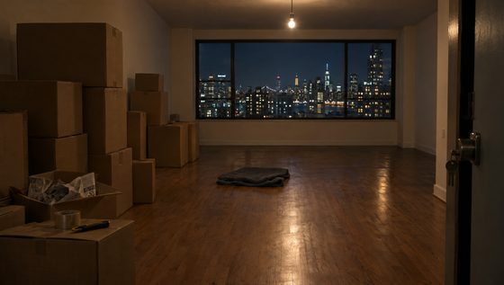 The bare apartment at night with moving boxes and the city window