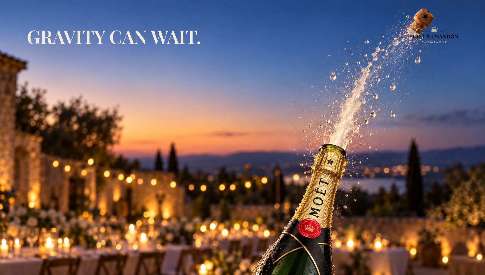 Key art: the cork frozen mid-flight over the courtyard at dusk