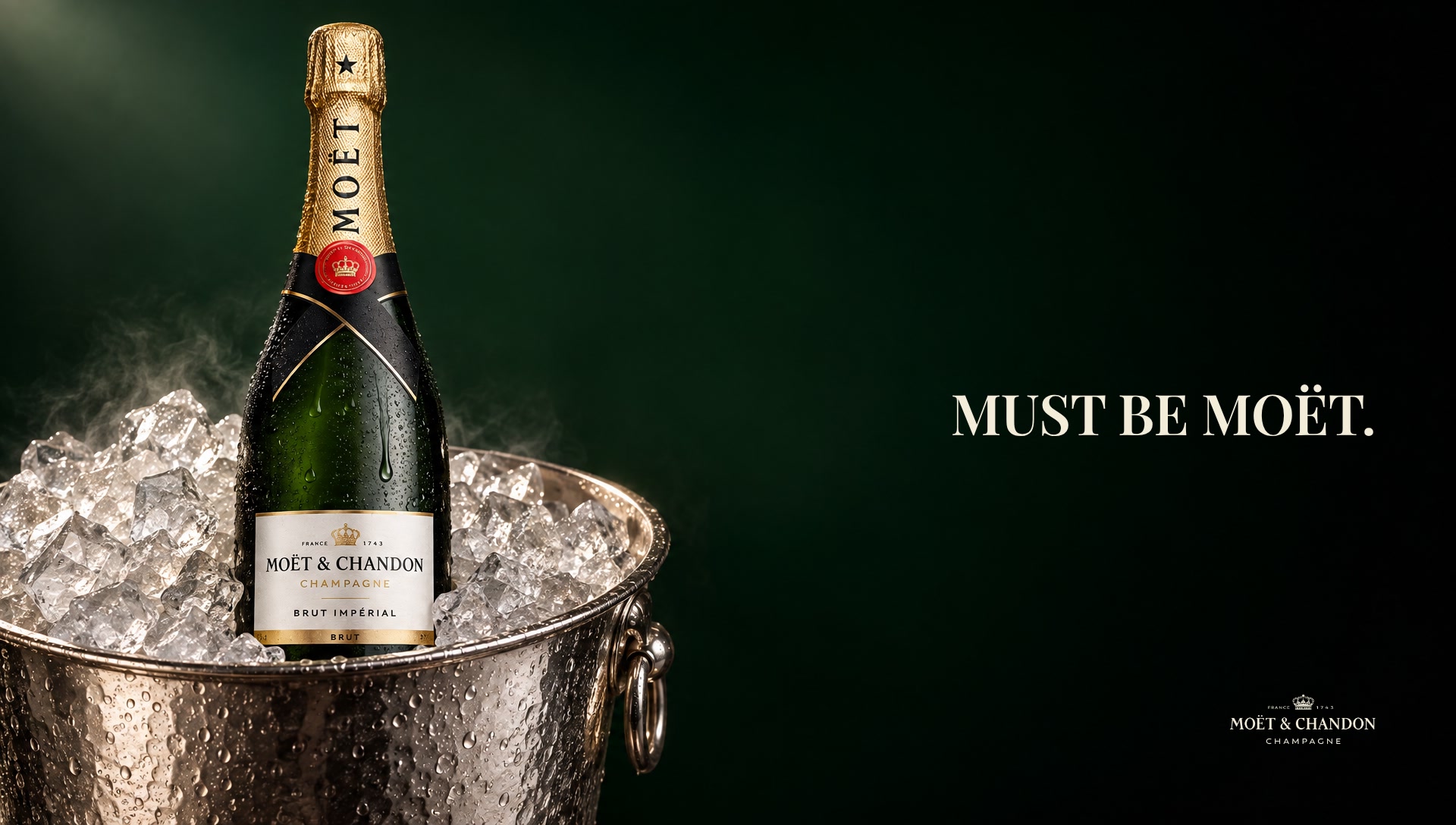 Key art: the chilled bottle in a silver bucket on deep green