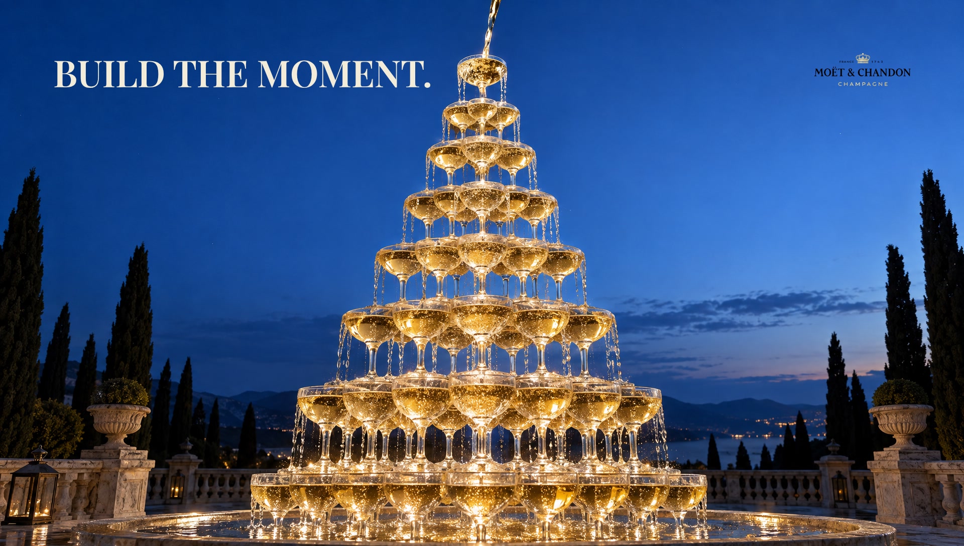 Key art: a champagne tower at blue hour